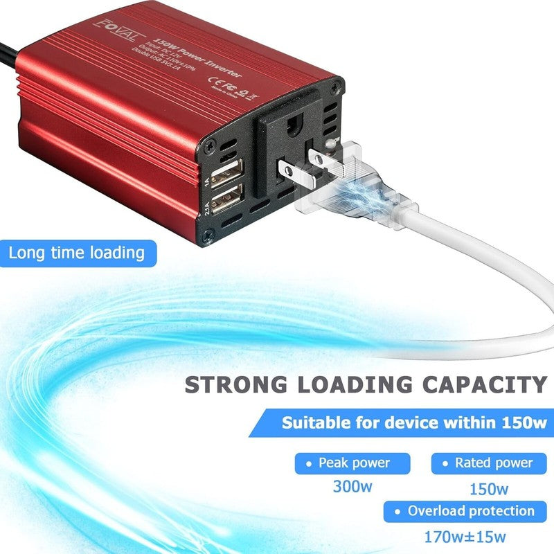 150W Car Power Inverter 12V DC to 110V AC with Dual USB Charger   Classic Red4
