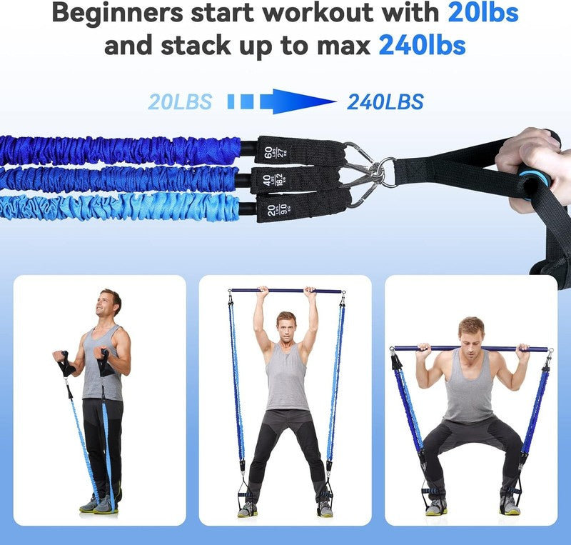Portable 3-Section Pilates Bar Kit w/ Resistance Bands 20-60lb Full Body1