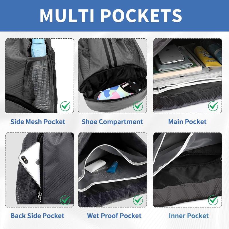 Drawstring Gym Bag Shoe Compartment Water Resistant Dark Grey Backpack4