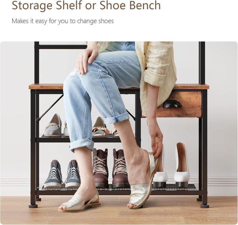 Hall Tree Entryway Bench with Coat Rack & Shoe Storage 4-in-1 Rustic Brown4