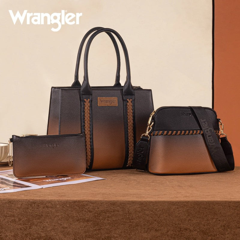 Wrangler 3Pc Handbag Set Tote Crossbody Purse Wallet Black Brown3