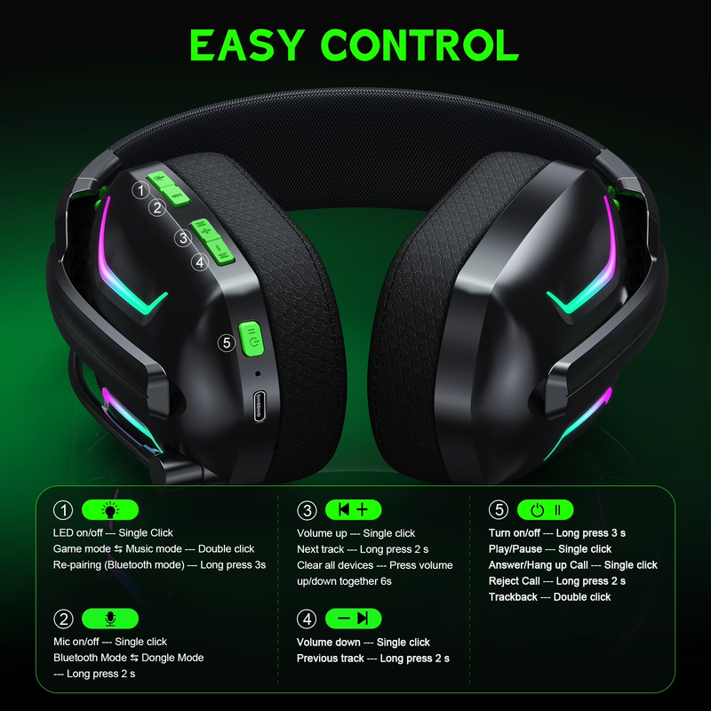 Wireless Gaming Headset PS5 PS4 PC Switch 2.4GHz Bluetooth Mic Black1