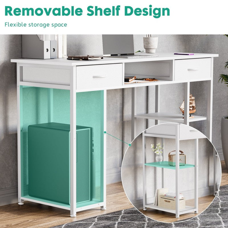 48" Small Desk w/ Fabric Drawers & Shelves Computer/Writing Desk White3
