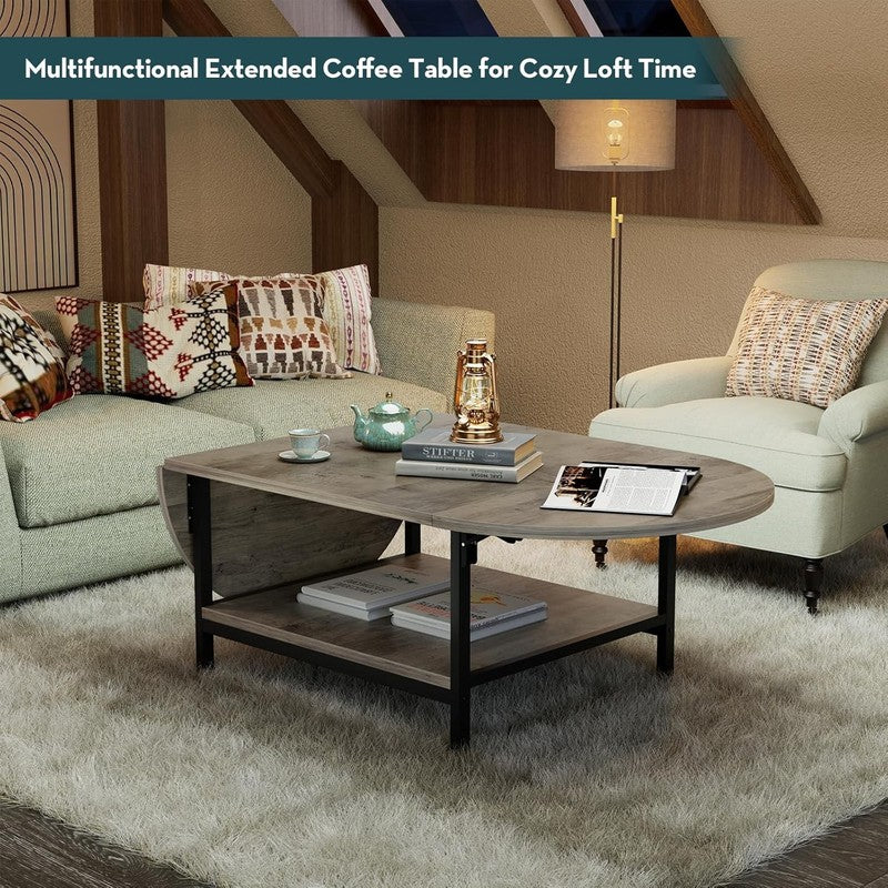 2 Tier Folding Coffee Table, Gray Wash, Vintage Farmhouse, with Storage3