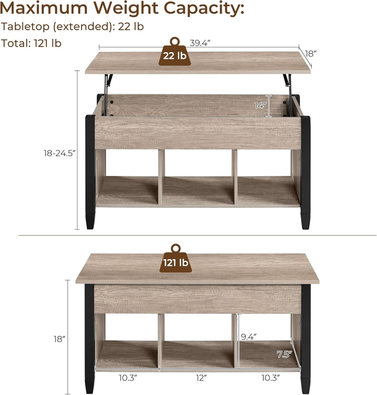 Gray Coffee Table, Lift Top Coffee Table with Hidden Compartment & Shelf, Lift u2