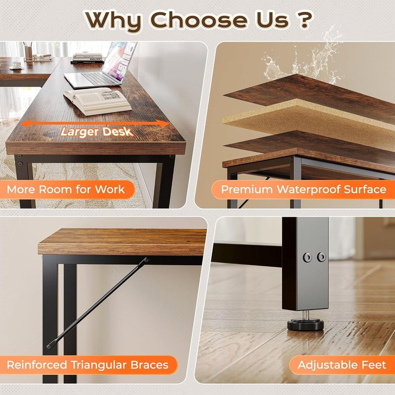 63'' L Shaped Desk w/ Power Outlets USB C Corner Gaming Desk Rustic Brown7