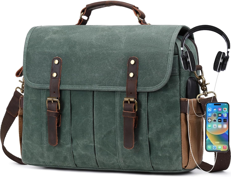 Men's 15.6" Vintage Canvas Leather Laptop Messenger Bag Satchel Shoulder Green8