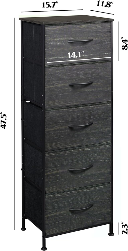 5 Drawer Fabric Dresser Storage Tower Steel Frame Wood Top Black2