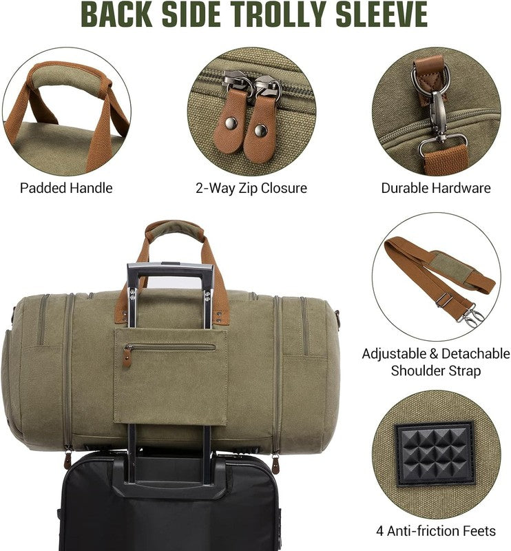 Canvas Travel Duffle Bag Army Green Carry On w/ Shoe Compartment Toiletry4