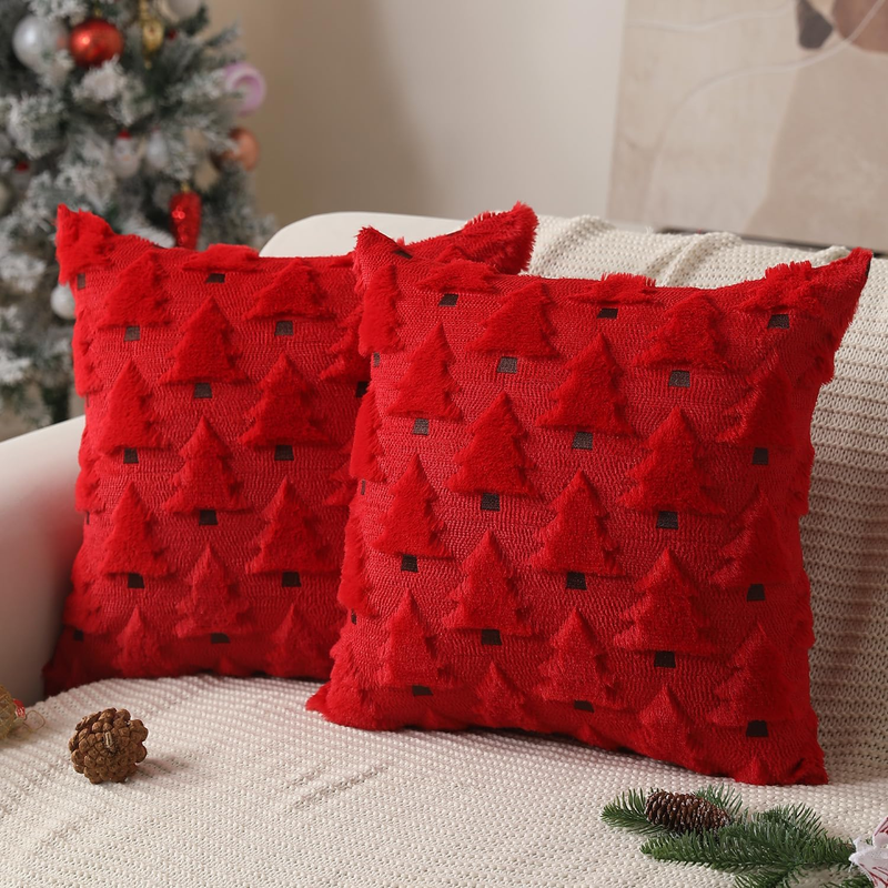 Christmas Pillow Covers 18"x18" Set of 2 Red Plush Faux Fur Tree Holiday Decor10