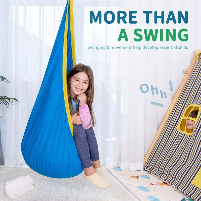 Kids Pod Swing Seat Cotton Hammock Sensory Chair Indoor Outdoor Blue Yellow5