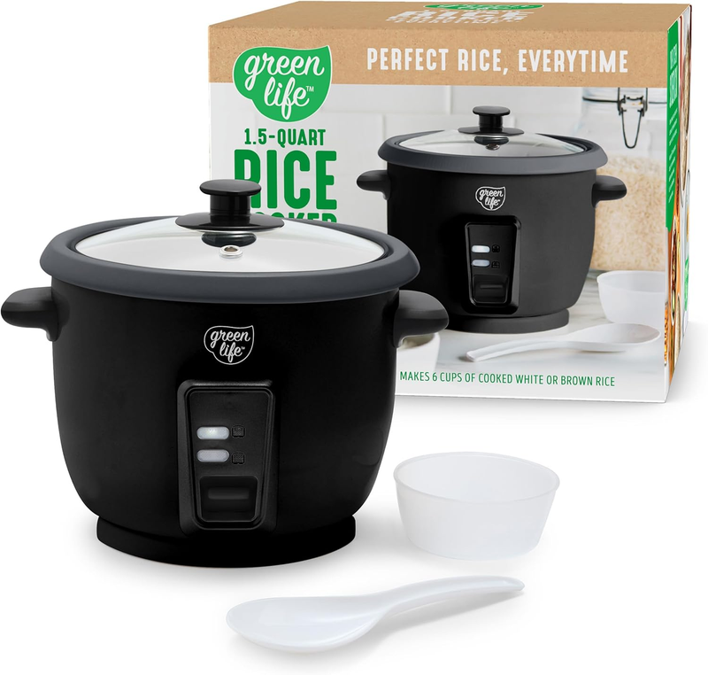 Rice Cooker 3-Cup PFAS-Free Ceramic Nonstick Pot Keep Warm Black0