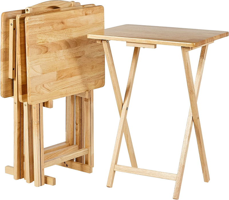 Classic Foldable TV Dinner Tray Table 4 Pack w/ Storage Rack Natural 14.6x19x26"10