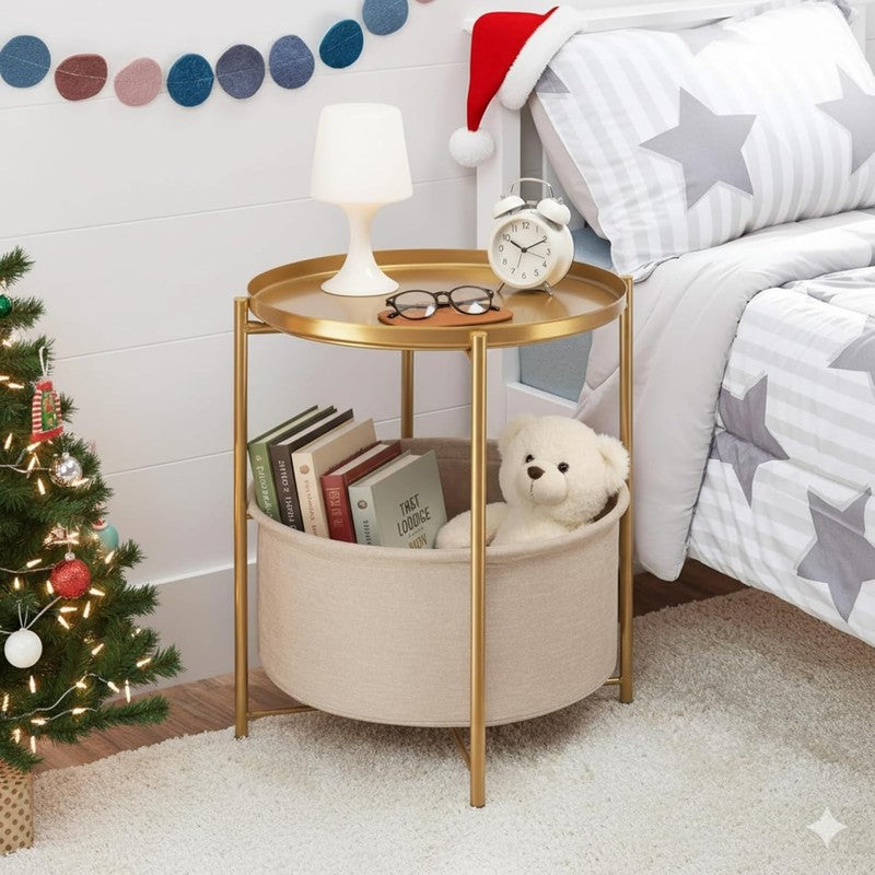 Round Side Table Nightstand with Fabric Basket & Removable Tray Gold7