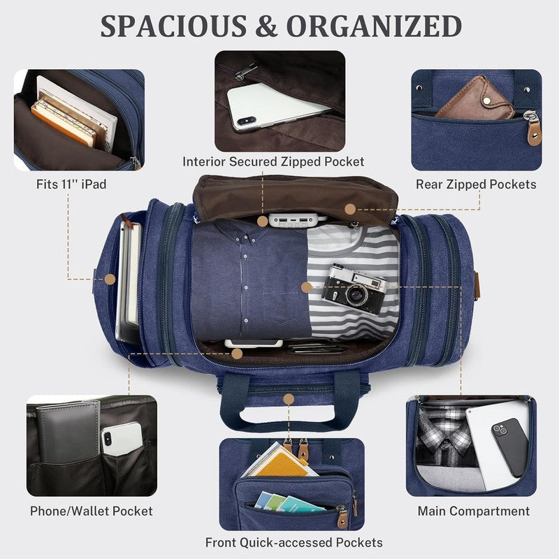60L Expandable Canvas Duffle Bag Blue Travel Weekender Overnight Carry On3