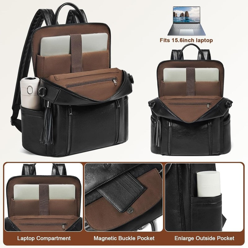 Women Laptop Backpack 15.6" Leather Travel Work Water Resistant Black5