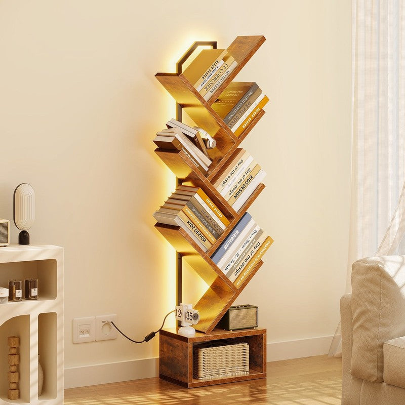 6 Tier Tree Bookshelf, Bookcase with LED Lights, Display Floor Standing Storage2