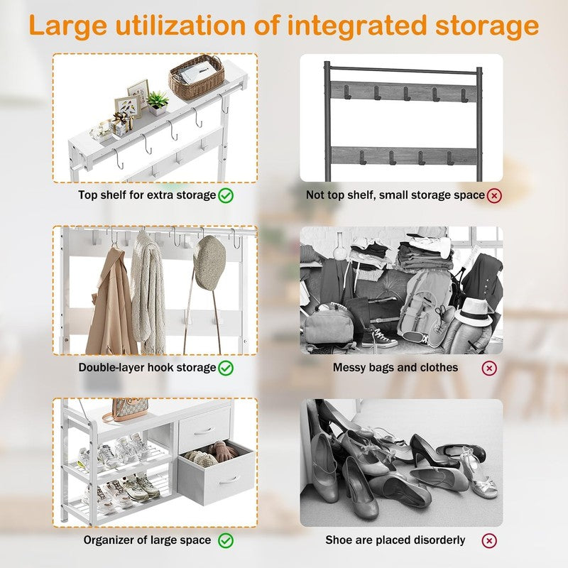 Hall Tree Entryway Bench with Coat Rack & Storage 5-in-1 White 31.5"5
