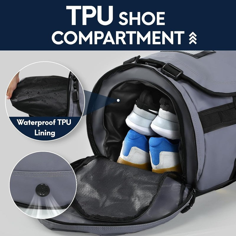45L Duffle Bag Backpack Grey Travel Gym Water Resistant Shoes Compartment2