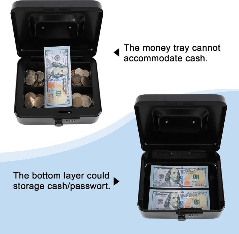 Secure Medium Cash Box with Combination Lock & Tray - Black 7.87"x6.30"x3.54"1