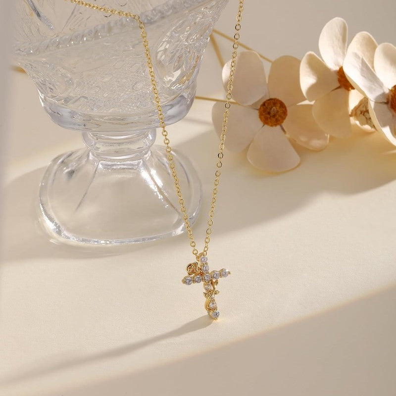 14K Gold Plated Cross Necklace Women Dainty Rose Flower Pendant6