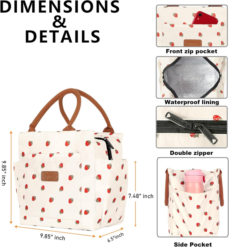 Insulated Lunch Bag Large Reusable Tote w/ Bottle Holder Strawberry4