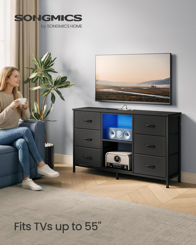 TV Stand Dresser 55 Inch TV Chest Drawers Steel 6 Drawers 2 Shelves Black2