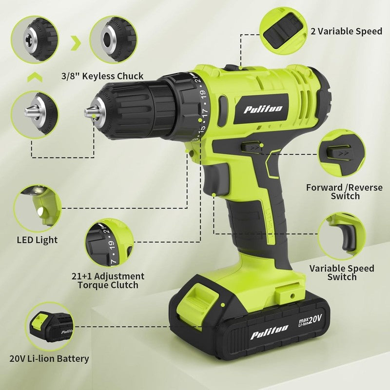 20V Cordless Drill Driver Kit 30Nm 21+1 Torque 2-Speed LED 2 Batteries Green7