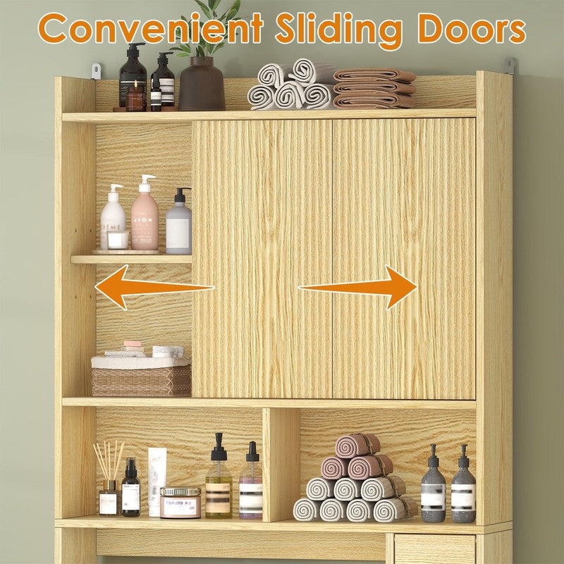 Over the Toilet Storage Cabinet with 2 Sliding Doors & Toilet Paper Holder, Free7