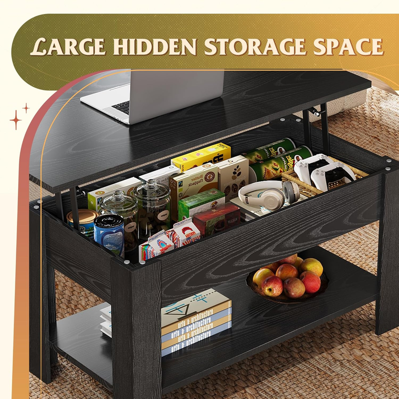 39" Lift Top Coffee Table w/ Hidden Compartment Storage Shelf Black Oak3