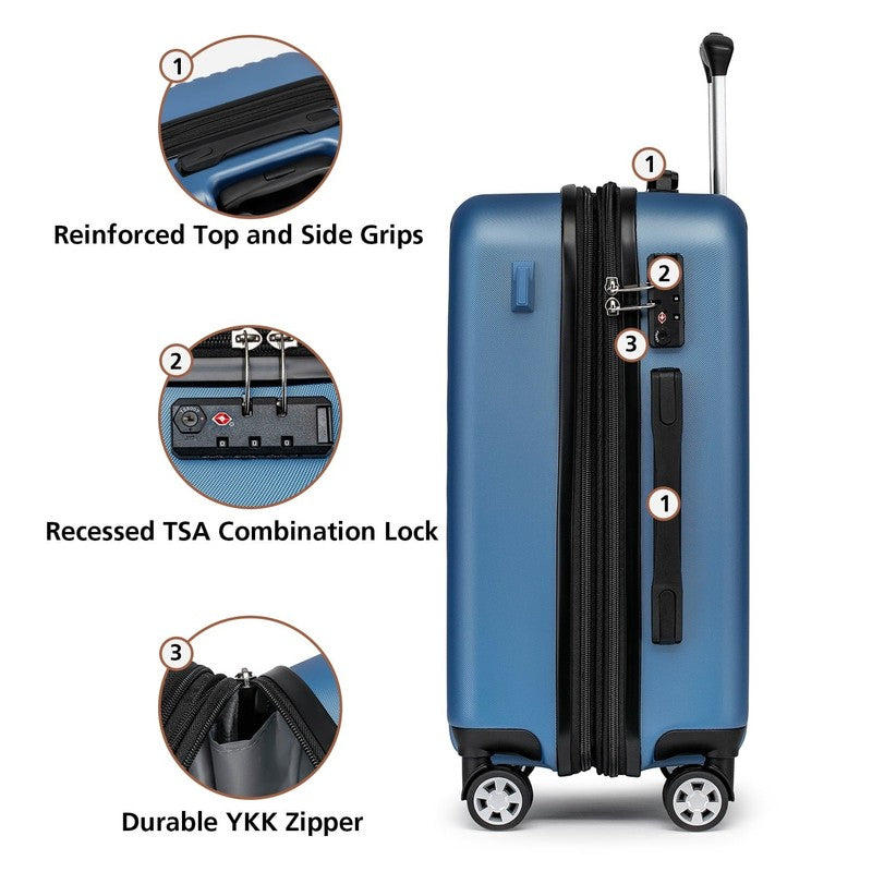3 Piece 20" Hardside Carry On Luggage TSA Lock Spinner Cup Holder4