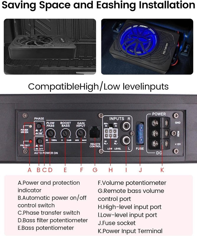 1200W 10" Slim Under Seat Car Subwoofer with Built-In Amplifier & LED Light5