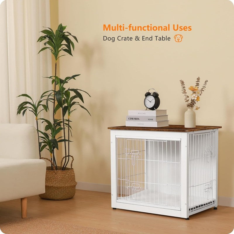 Dog Crate Furniture Table w/Cushion Wooden Kennel Double Door 27.2" White/Brown6