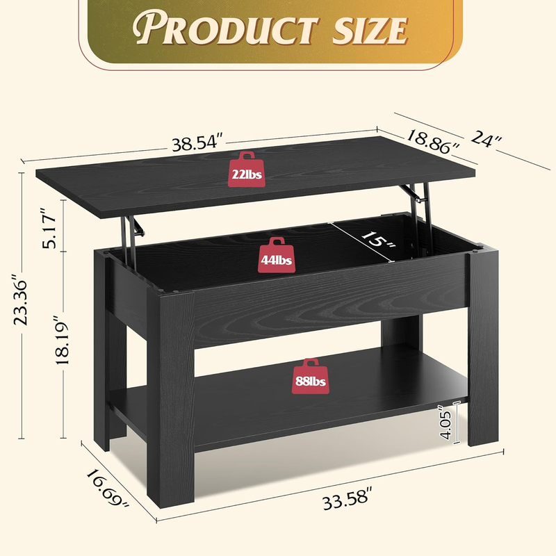 39" Lift Top Coffee Table w/ Hidden Compartment Storage Shelf Black Oak2