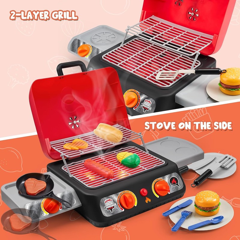 Kids BBQ Grill Playset, Kitchen Toy Set with Pretend Smoke, Light, Sound & Color7