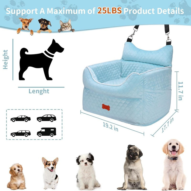 Dog Car Seat Memory Foam Small Dogs up to 25lbs w/ Pockets & Seat Belt Blue2