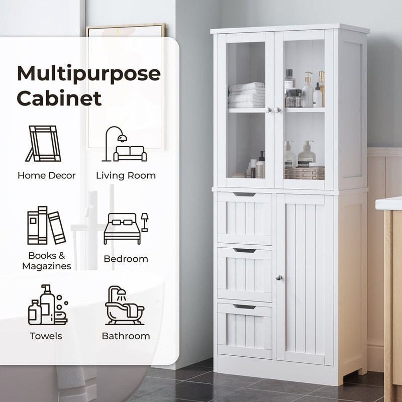 Bathroom Storage Cabinet Wooden W/ 4 Drawers & 3 Doors Glass Doors, MDF Freestan6