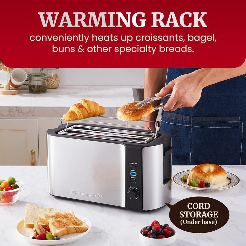 4 Slice Long Slot Toaster, 6 Settings, Defrost, Reheat, Wide Slots, Black SS4