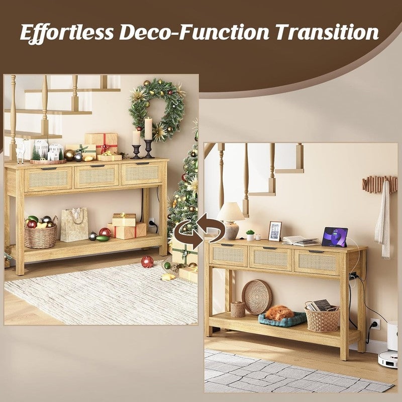 47'' Entryway Console Table Natural with USB-C & Outlets 3 Rattan Drawers6