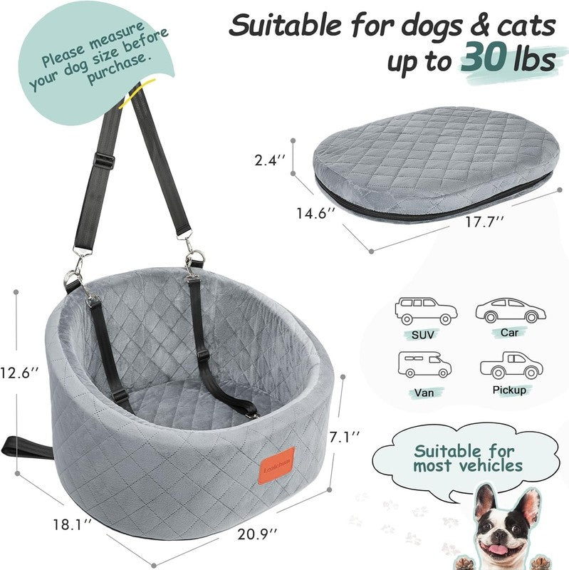 Dog Car Seat Small Dogs up to 30lbs Memory Foam Washable Anti Slip Grey1