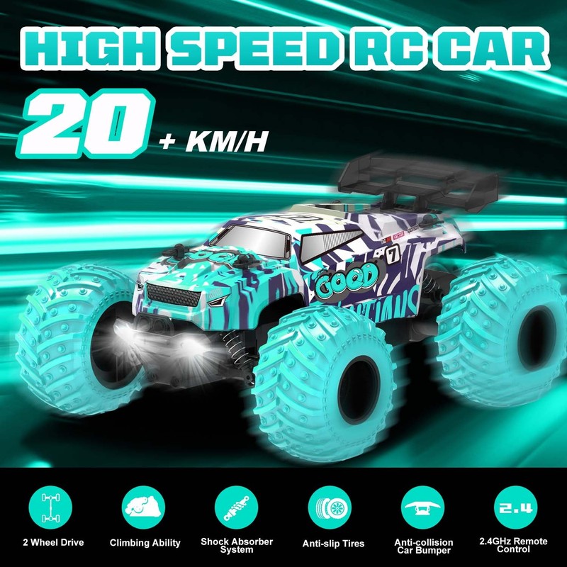 Remote Control Car, 1:18 Scale All Terrain RC Cars, 2WD 20Km/H with Colorful LED4
