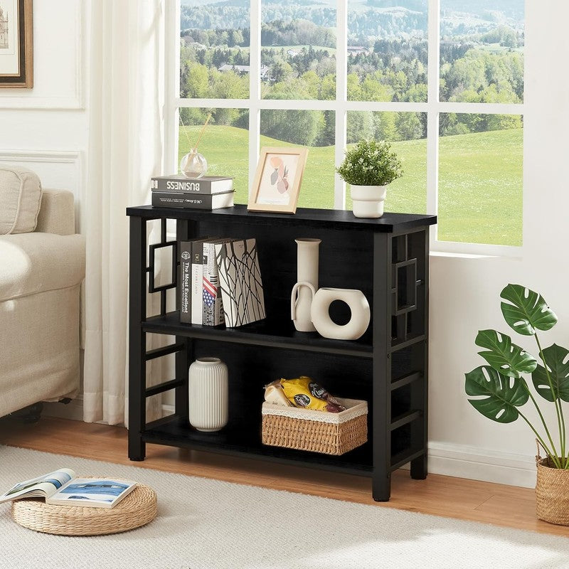 3 Tier Bookshelf Black Engineered Wood Metal Storage Bookcase Low Shelf2