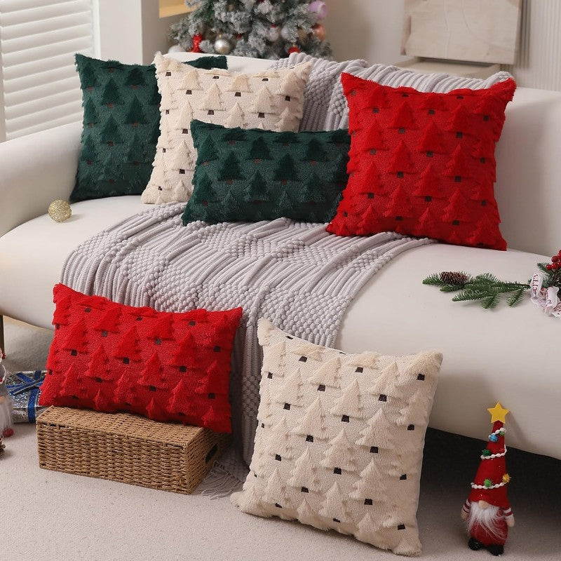Christmas Pillow Covers 18"x18" Set of 2 Red Plush Faux Fur Tree Holiday Decor4