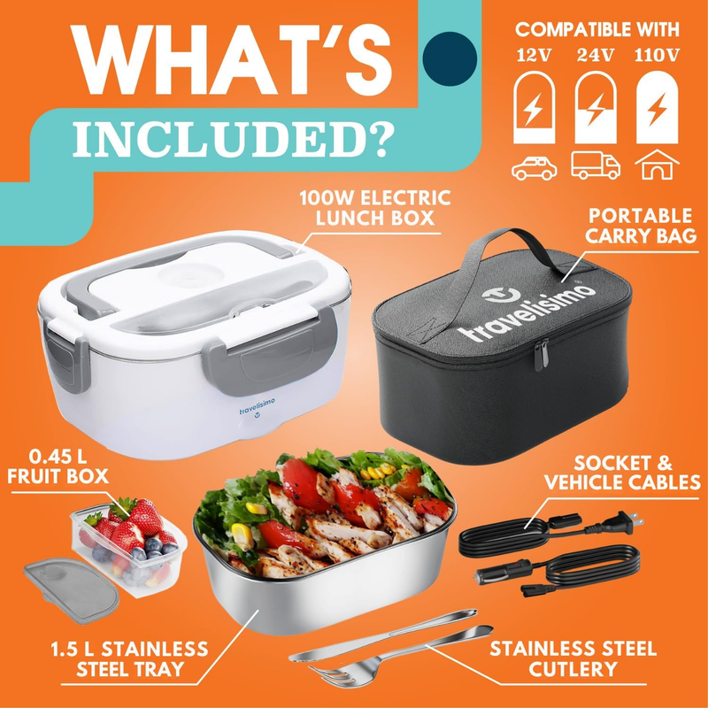 Electric Lunch Box 100W Heated Food Warmer 1.5L Stainless Steel 12/24/110V4