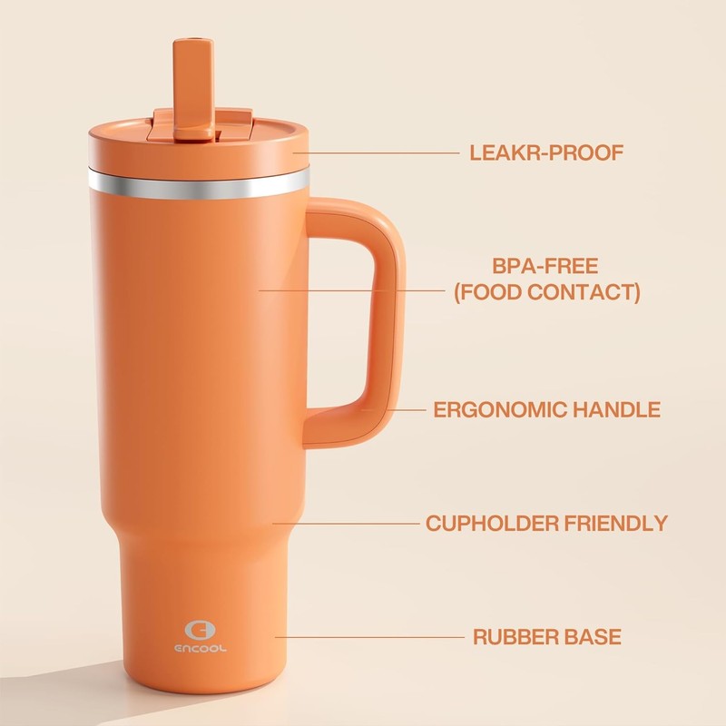 Insulated 40 Oz Stainless Steel Tumbler with Handle & Straw   Leakproof Orange2