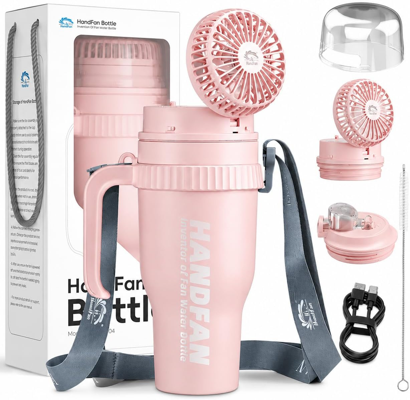 40oz Stainless Steel Tumbler with Handle & USB Fan 5000mAh Insulated Leak  Cup0