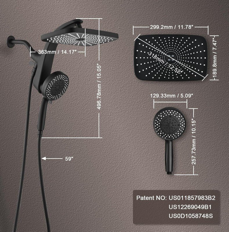12" Rain Shower Head Combo w/ Handheld High Pressure Magnetic Dock Black8