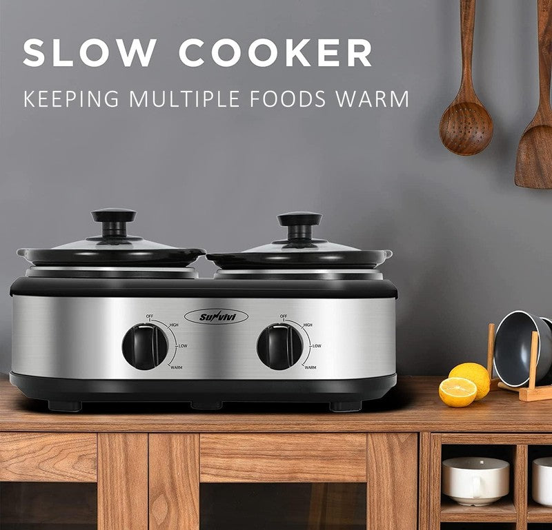 Dual Pot Slow Cooker Buffet Server 2.5QT Total Oval Ceramic Warmer Lid6