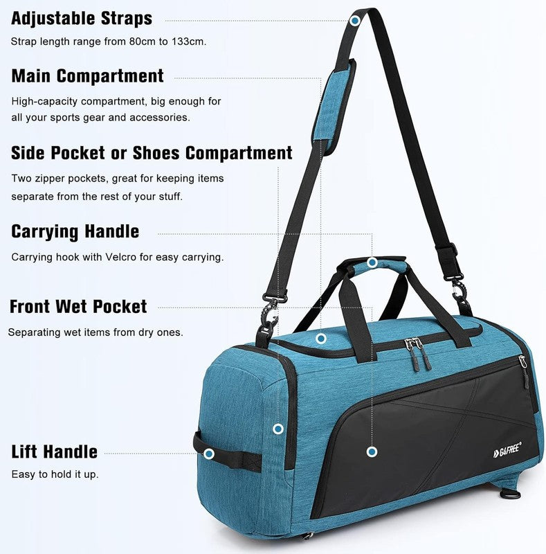 45L 3 Way Duffle Backpack Gym Bag Wet Pocket Shoes Compartment Weekender3