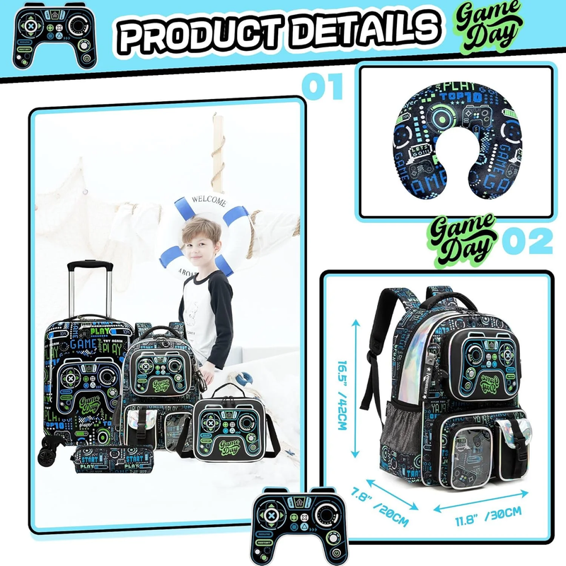 Kids Carry On Luggage Set Wheels Suitcase Backpack Pillow Boys Black Travel2